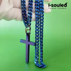 Anodized Titanium Blue Cross Pendant Necklace for Men Women, Hypoallergenic Religious Jewelry Gift