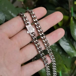 Italian Cut Titanium Ice Flower 7MM Curb Necklace Chain with Steel Clasp Inlaid Crystal