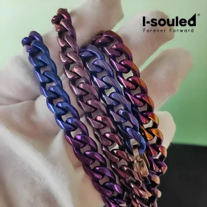 Men's Wide Anodized Titanium Necklace - Iridescent 10.5mm Chain 50cm, Sweat-Proof with Figure 8 Hook