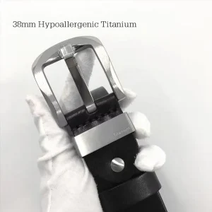 Men's Titanium Belt Buckle 38mm with Black Leather Strap - Hypoallergenic Nickel-Free Buckle, Durable Waistband Hardware for Sen